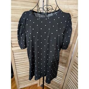 Women's Como Black XL Plus Black Dot Rhinestone Trim Knit Top